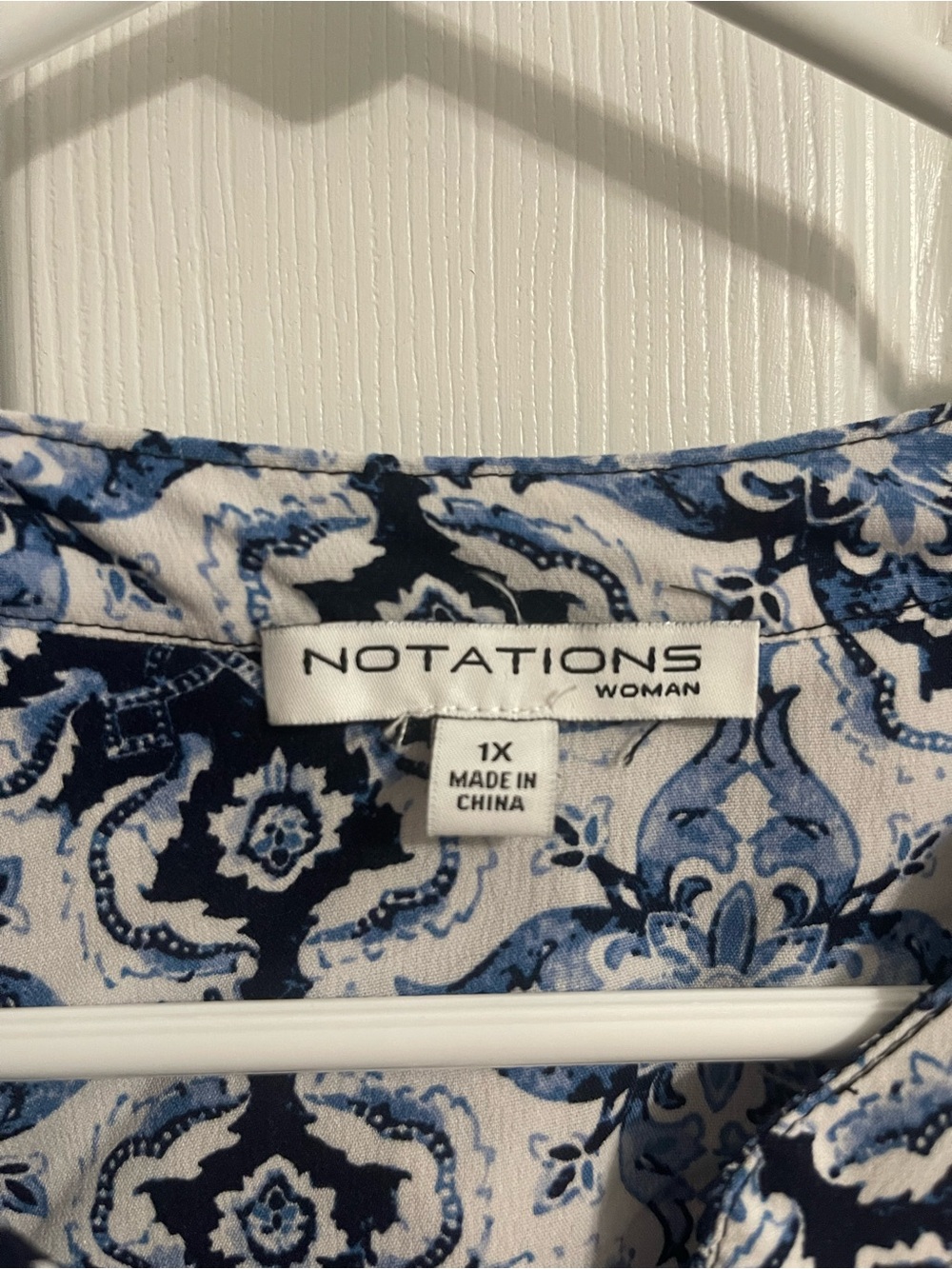 Notations Navy and White Printed Button-Front Blouse - Picture 2 of 8